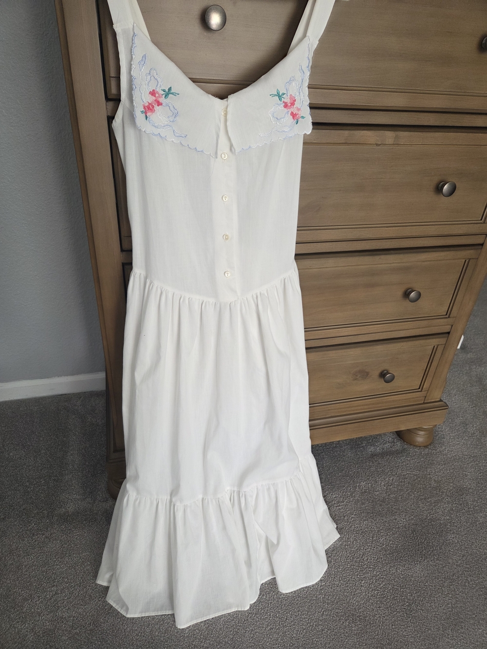 Avon Vintage White Cotton Sundress with Pink & Blue Embroidery